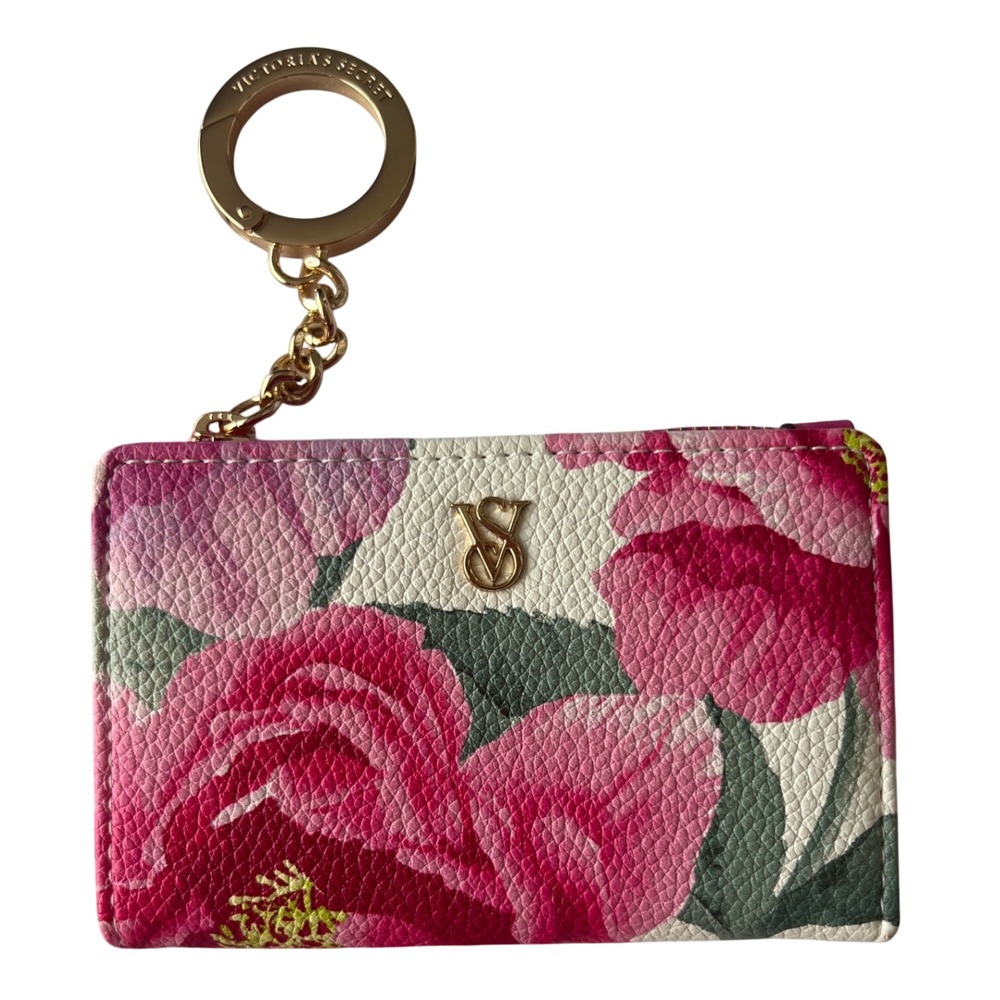 Victorias Secret Pink Floral Peony Card Case Wallet Keychain ID Window Gold Logo